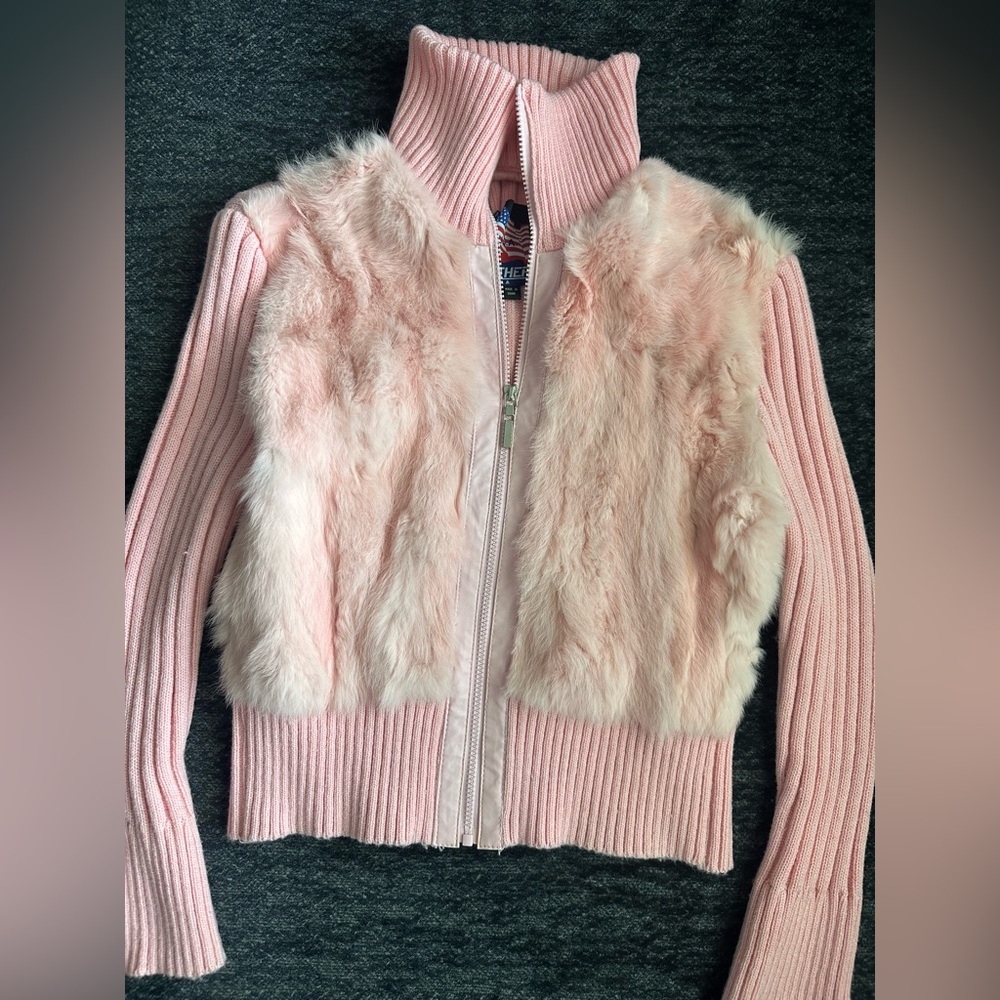Vintage Y2K leather USA pink genuine rabbit fur zip up jacket